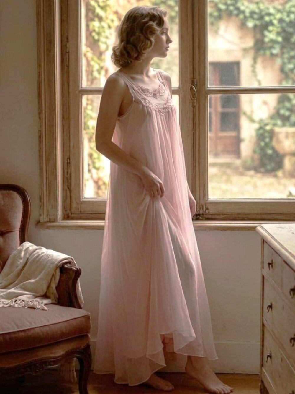 Rare Vintage Sz L Vintage Canadian Made Pink Mesh Nylon Chiffon Overlay Double